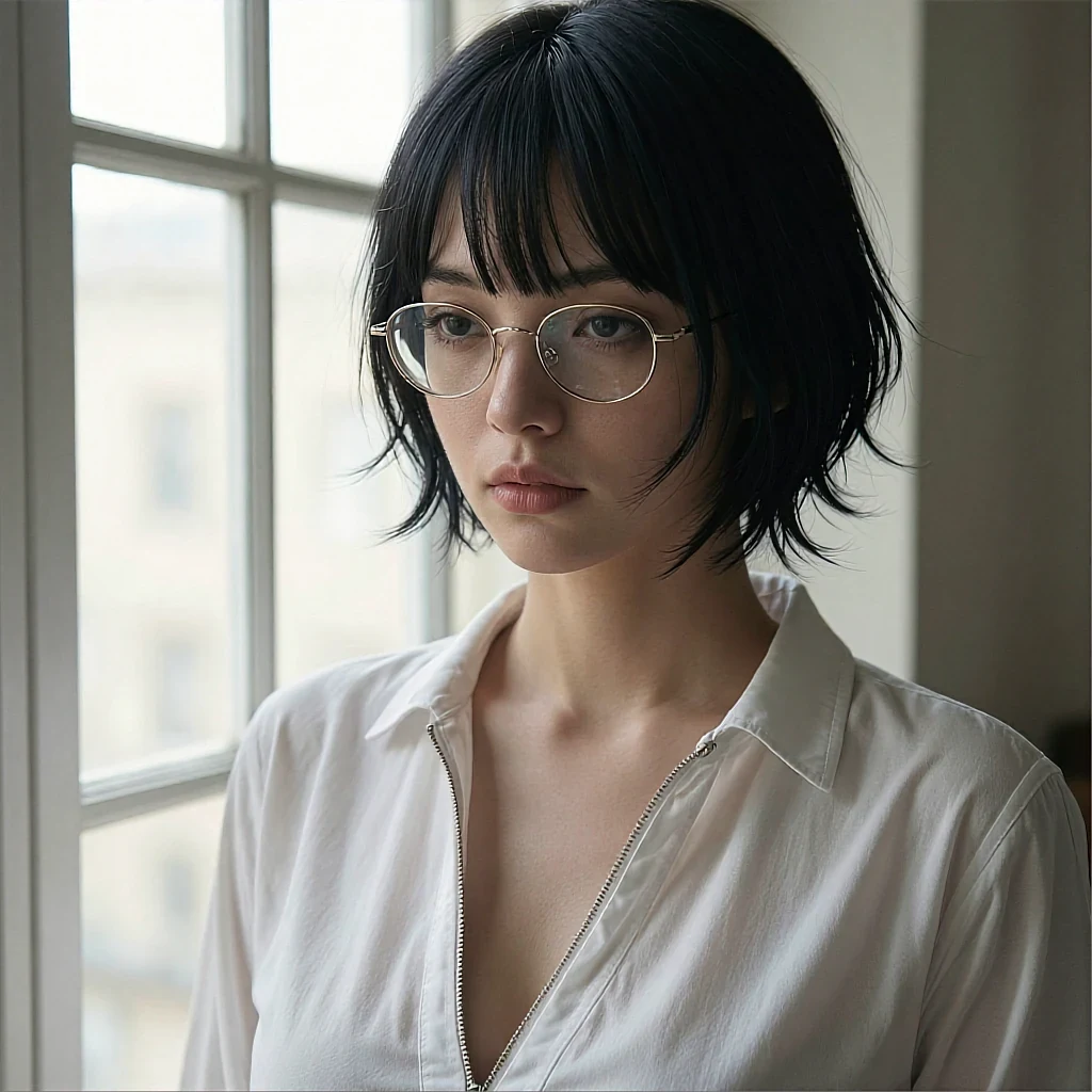 Square avatar of a fictional AI character with dark hair