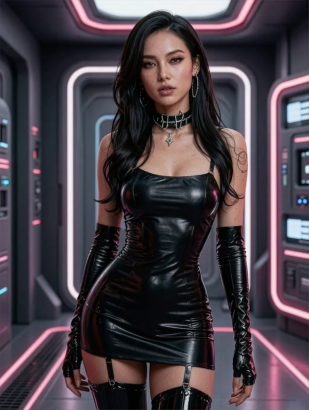 Fictional AI character against a rain-streaked window