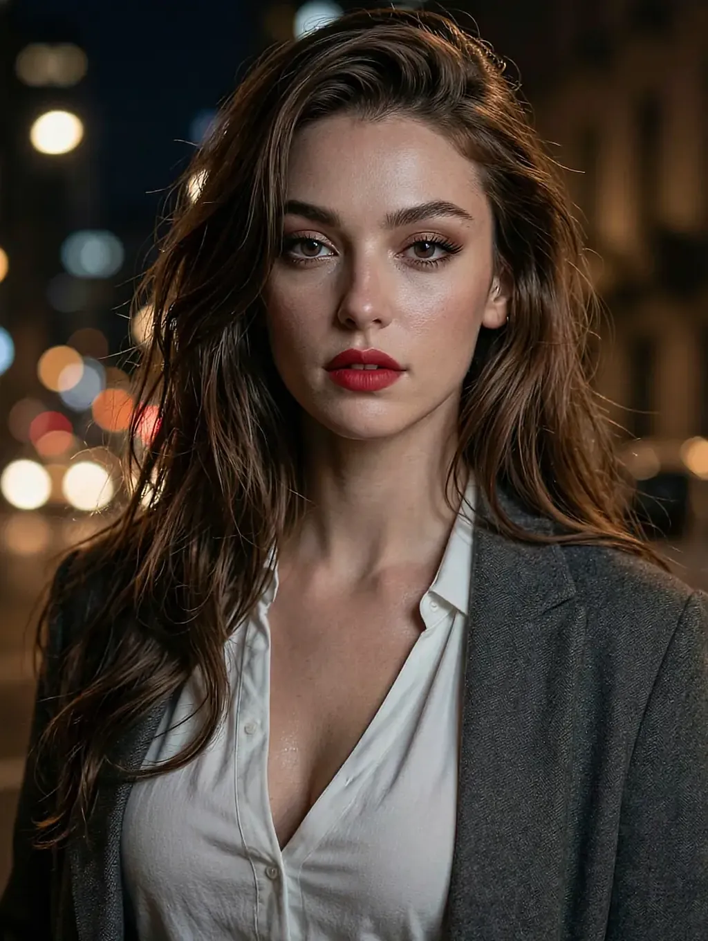 Fictional AI character featured on the fourth landing page, at night
